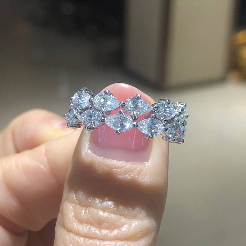 梨形小钻排戒S925银镀白金Women's Ring定制选款副石Moissanite3.85ct